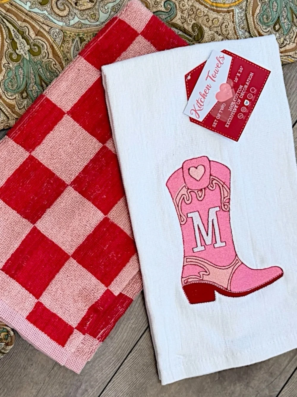 New Boutique Western Kitchen Towel Set ‘M’ Monogram Cowboy Boot/Checkered Cotton